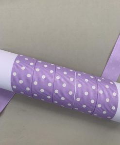 Grosgrain juostelė 22 mm, šviesiai violetinė su baltais rutuliukais