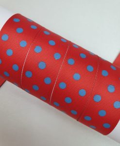 Grosgrain juostelė 25 mm, raudona su mėlynais taškučiais