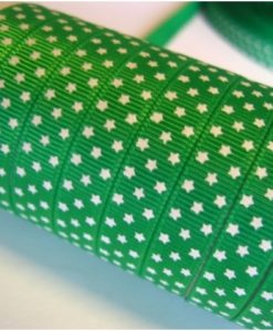 Grosgrain juostelė 9 mm, žalia su baltom žvaigždutėm