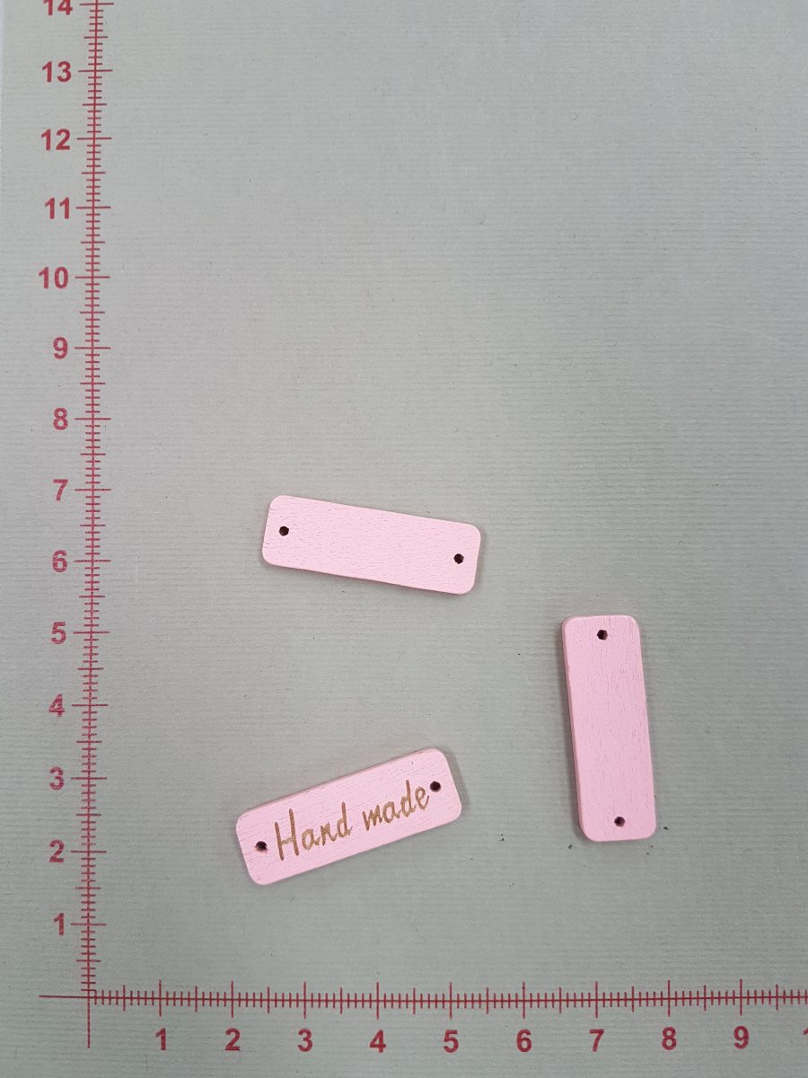 Šviesiai rožinė medinė etiketė Hand made, stačiakampė