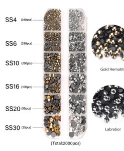 Priklijuojamų kristalų akučių rinkinys 2000 vnt dėžutėjeauksiniai hematito ir juodi spindintys