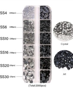 Priklijuojamų kristalų akučių rinkinys 2000 vnt dėžutėjeJET ir skaidrūs kristalai
