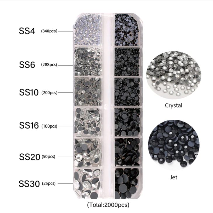 Priklijuojamų kristalų akučių rinkinys 2000 vnt dėžutėjeJET ir skaidrūs kristalai