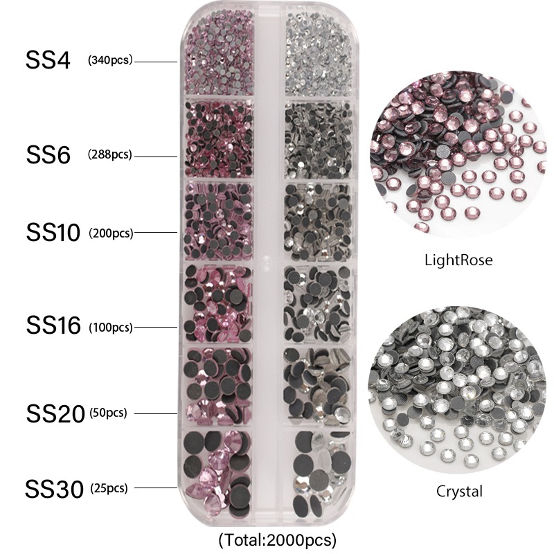 Priklijuojamų kristalų akučių rinkinys 2000 vnt dėžutėješvelnūs rožiniai ir skaidrūs kristalai