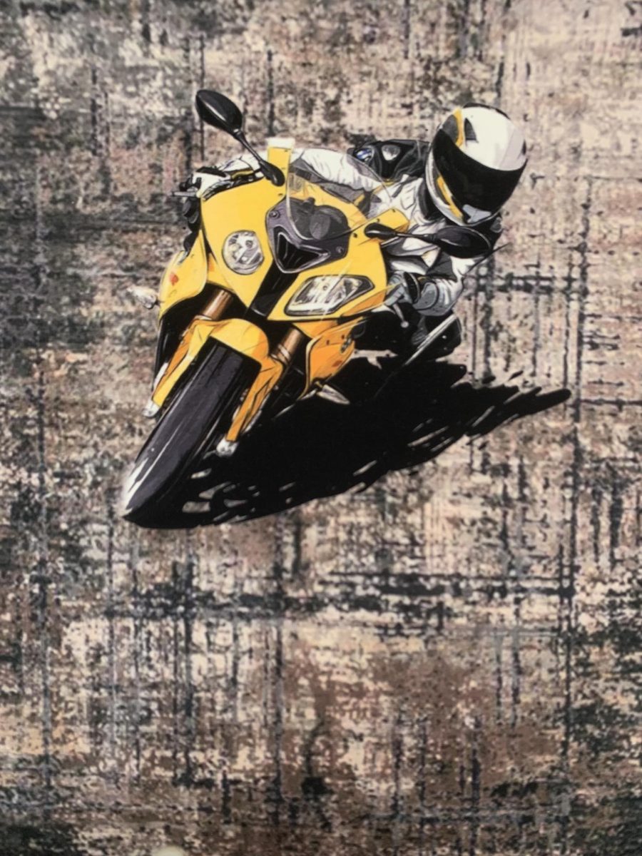 Kilpinio, skaitmeninės spaudos trikotažo panelė 45x50 cm, Geltonas motociklas