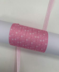 Grosgrain juostelė 9 mm, rožinė su baltom snaigėm