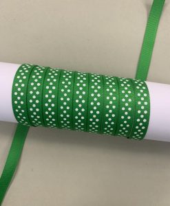 Grosgrain juostelė 10 mm Žalia su baltais taškiukais