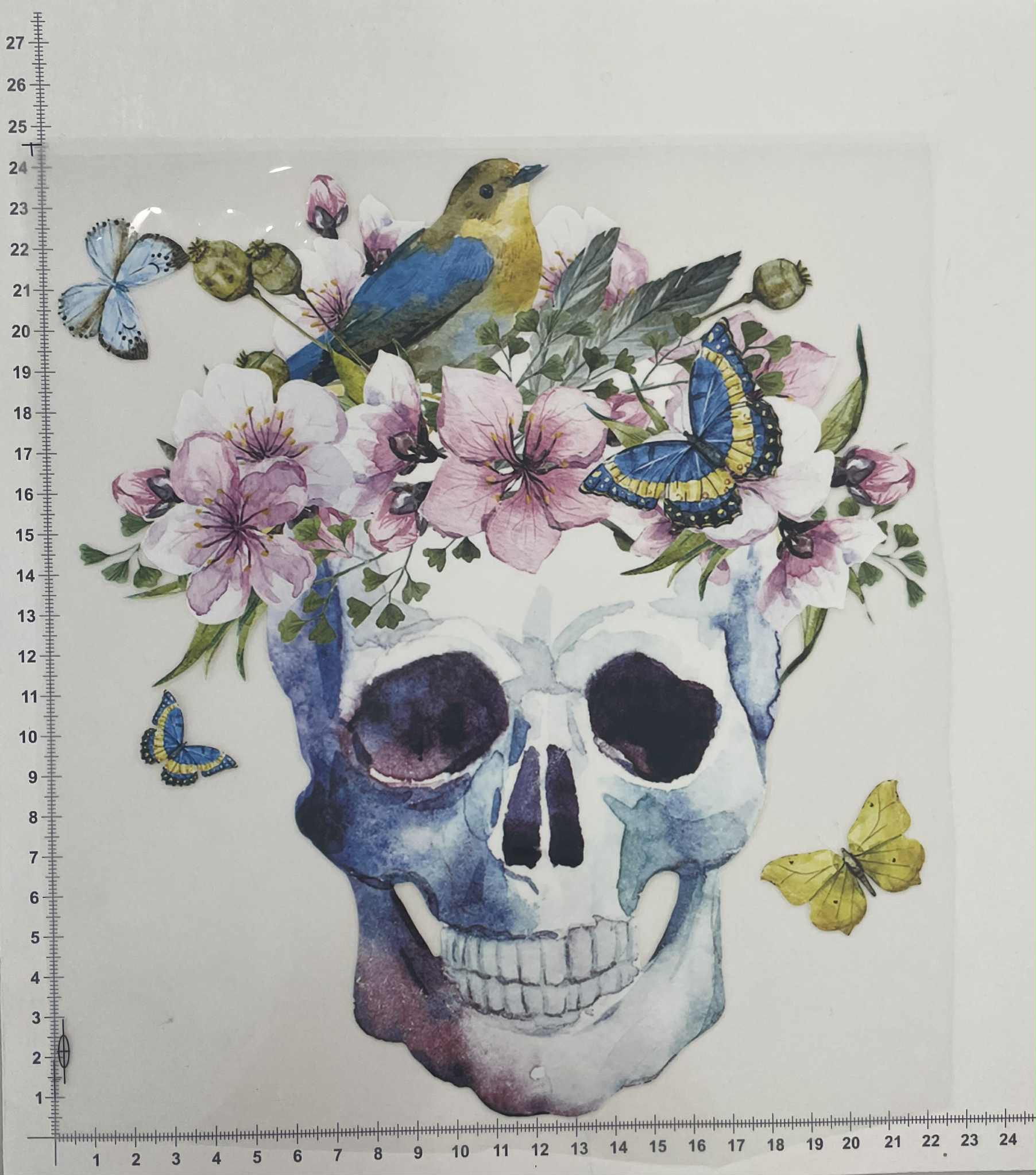 Termoaplikacija Kaukolė su drugeliais ir paukščiu, didelė Termoaplikacija Kaukolė su drugeliais ir paukščiu, didelė