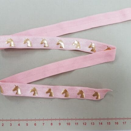 Elastinė kantavimo juostelė 16 mm, Rožinė su Arkliukais — siuvimo juostelė | Trys Pelėdos