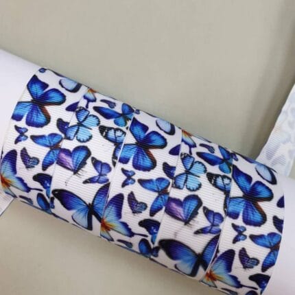 Grosgrain juostelė 22 mm, Mėlyni drugeliai — siuvimo juostelė | Trys Pelėdos