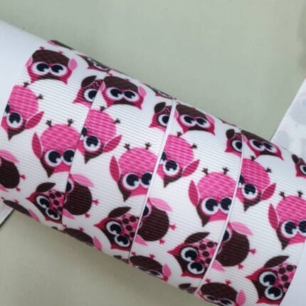 Grosgrain juostelė 22 mm, Rožiniai pelėdžiukai
