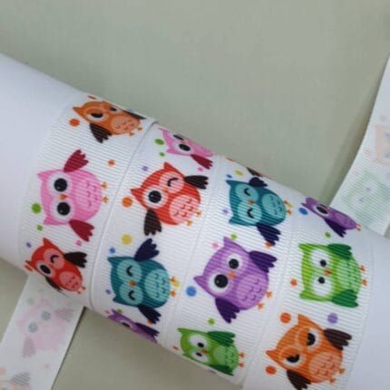 Grosgrain juostelė 22 mm, Spalvoti pelėdžiukai