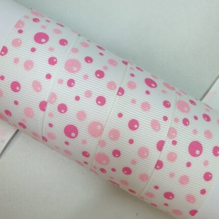 Grosgrain juostelė 25 mm, balta su rožiniais burbulais — siuvimo juostelė | Trys Pelėdos