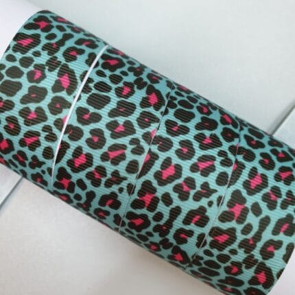 Grosgrain juostelė 25 mm, žalsva leopardiniu raštu
