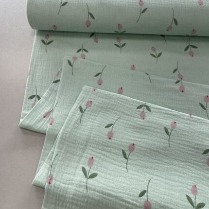 Medvilninis double gauze muslinas Tulpės mėtinis