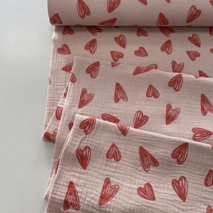 Medvilninis double gauze muslinas Širdelės pelenų rožė