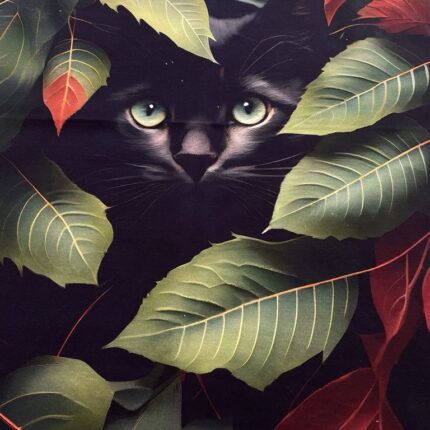 Kilpinio, skaitmeninės spaudos trikotažo panelė 60x70cm, Katinukas tarp lapų