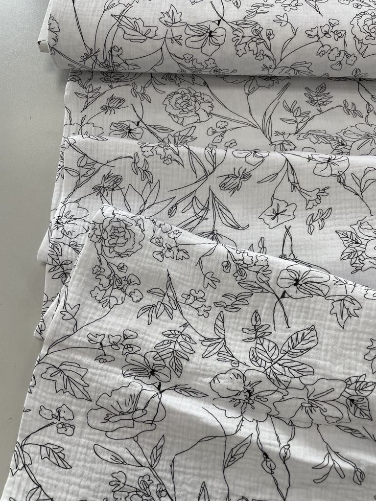 Medvilninis double gauze muslinas Gėlynas baltas