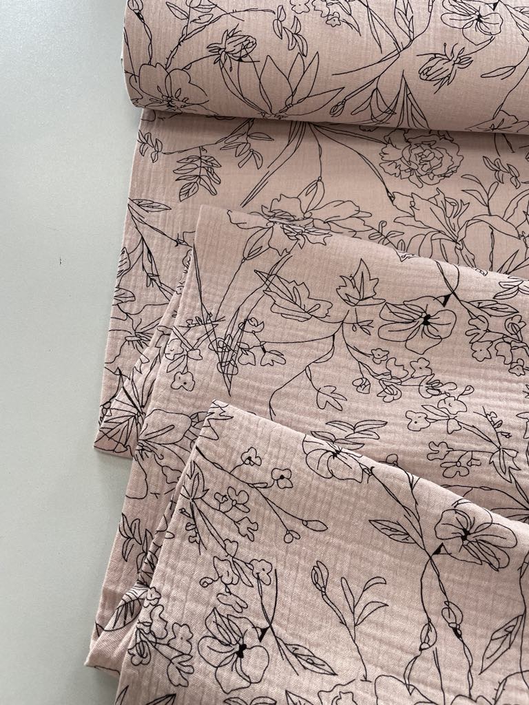 Medvilninis double gauze muslinas Gėlynas pelenų rožė Medvilninis double gauze muslinas Gėlynas pelenų rožė