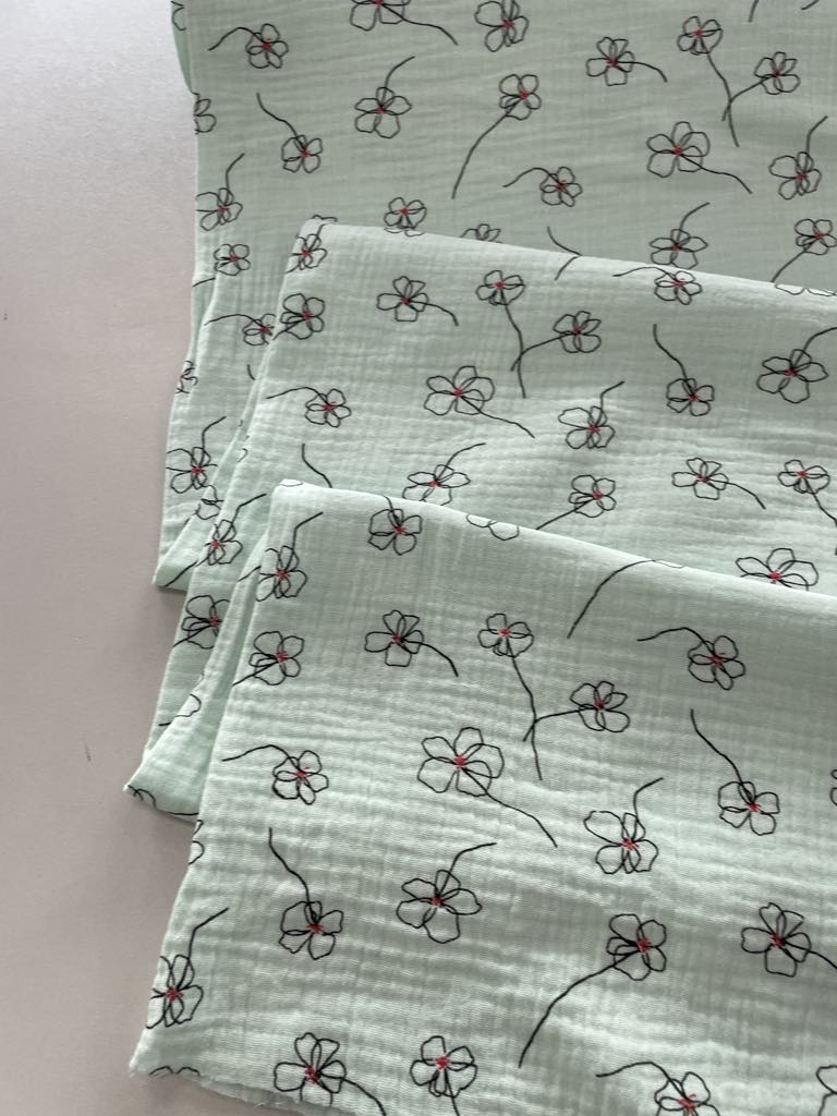 Medvilninis double gauze muslinas Gėlytės mėtinis Medvilninis double gauze muslinas Gėlytės mėtinis