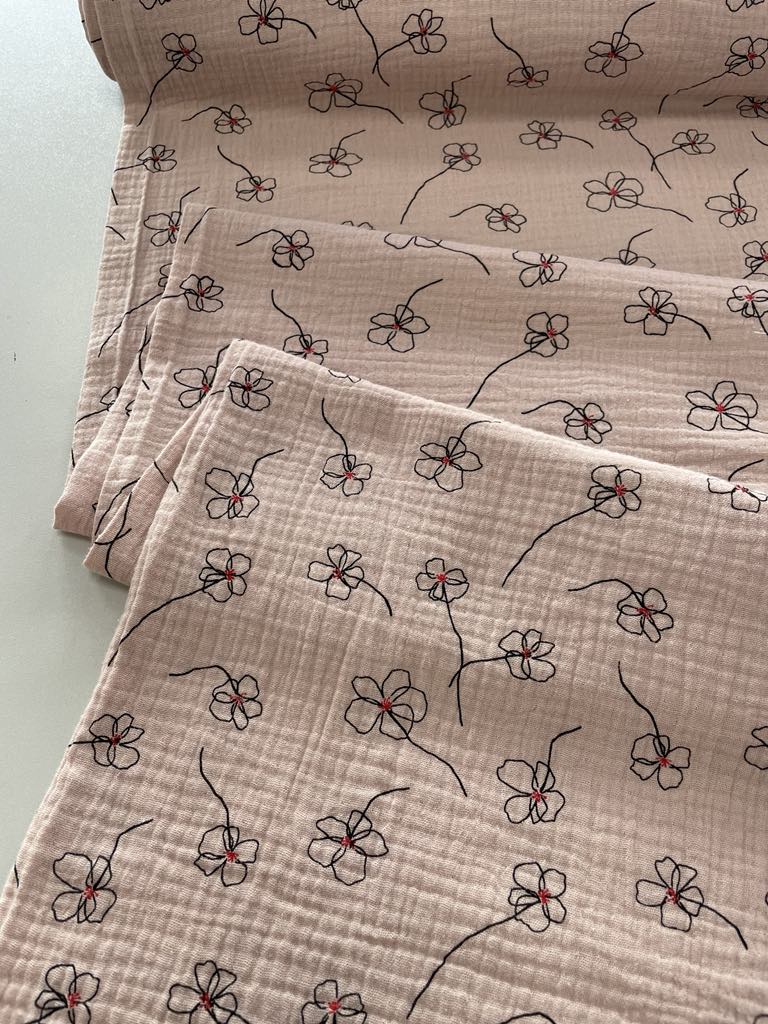 Medvilninis double gauze muslinas Gėlytės pelenų rožė Medvilninis double gauze muslinas Gėlytės pelenų rožė