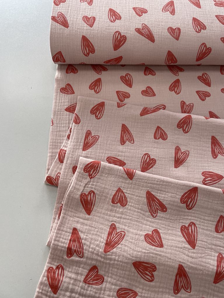 Medvilninis double gauze muslinas Širdelės pelenų rožė Medvilninis double gauze muslinas Širdelės pelenų rožė