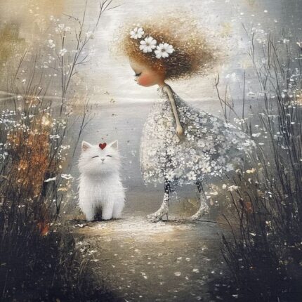 Kilpinio, skaitmeninės spaudos trikotažo panelė 45x55 cm, Mergaitė su katinu