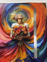 Kilpinio, skaitmeninės spaudos trikotažo panelė 60x70cm Mergina su puokšte