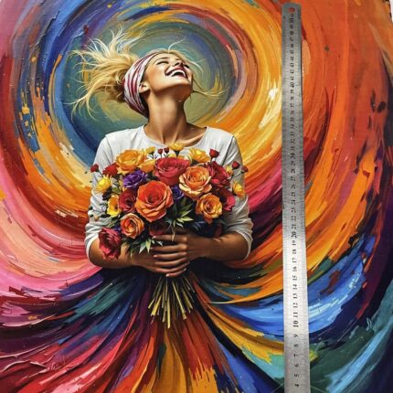 Kilpinio, skaitmeninės spaudos trikotažo panelė 60x70cm Mergina su puokšte