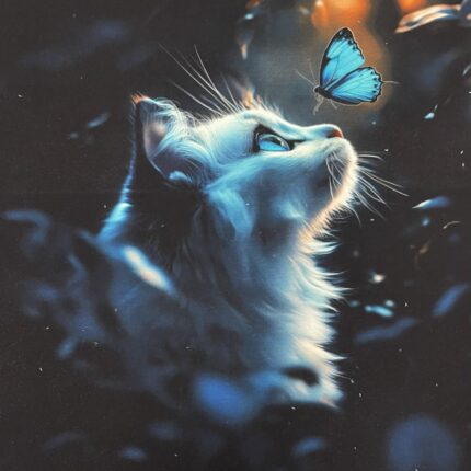 Kilpinio, skaitmeninės spaudos trikotažo panelė 60x70cm Katinas ir drugelis