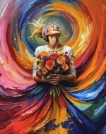 Kilpinio, skaitmeninės spaudos trikotažo panelė 60x70cm Mergina su puokšte