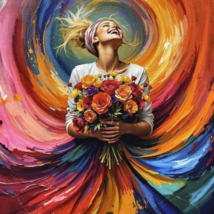 Kilpinio, skaitmeninės spaudos trikotažo panelė 60x70cm Mergina su puokšte