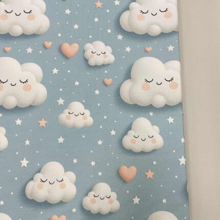 Kilpinis, skaitmeninės spaudos trikotažas Debesėliai žydrame fone