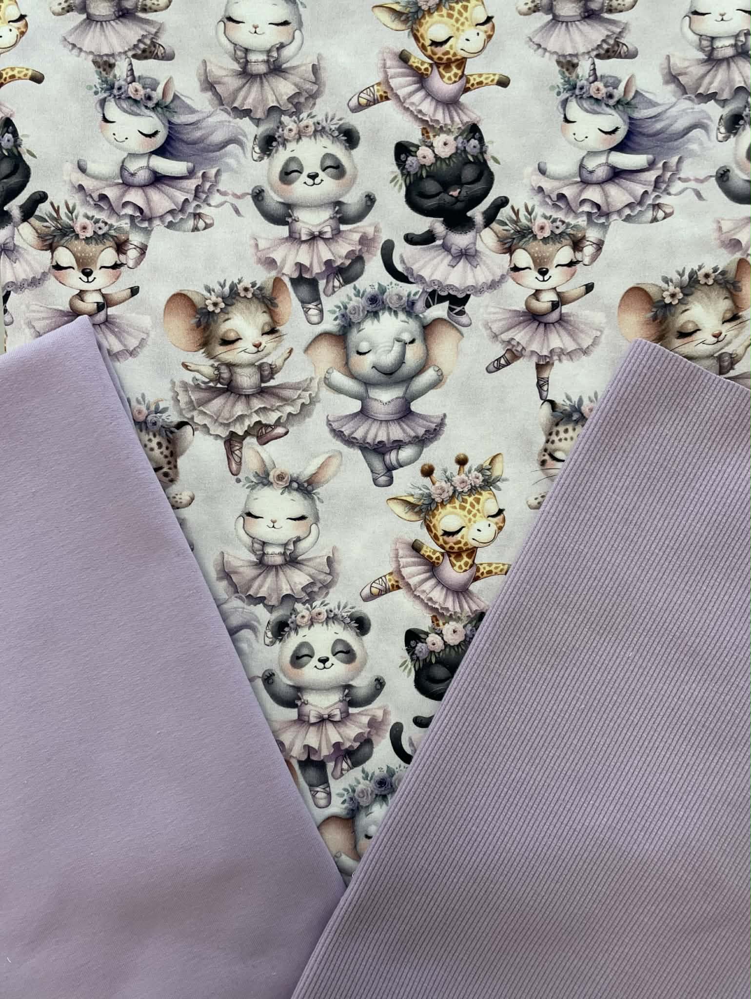 Kilpinio, skaitmeninės spaudos trikotažas, kilpinio trikotažo ir RIB trikotažo rinkinys Mažos balerinos Kilpinio, skaitmeninės spaudos trikotažas, kilpinio trikotažo ir RIB trikotažo rinkinys Mažos balerinos