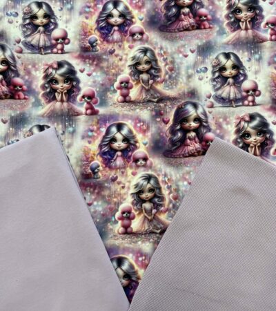 Kilpinio, skaitmeninės spaudos trikotažas, kilpinio trikotažo ir RIB trikotažo rinkinys Mergaitė su šuniuku