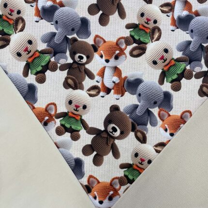 Kilpinio, skaitmeninės spaudos trikotažas, kilpinio trikotažo ir RIB trikotažo rinkinys Megzti žaisliukai