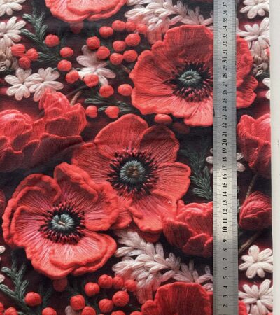 Jersio trikotažas su skaitmenine spauda Aguonos pievoje