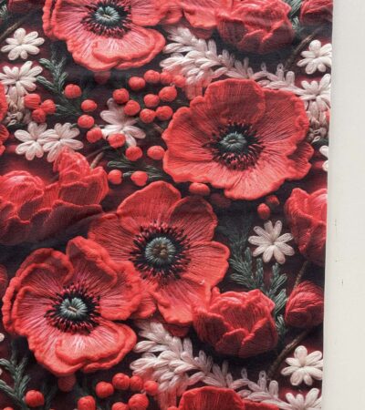 Jersio trikotažas su skaitmenine spauda Aguonos pievoje