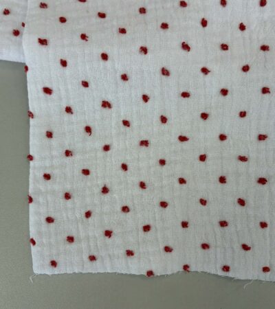 Medvilninis double gauze muslinas Baltas su raudonais taškiukais