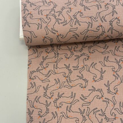 Medvilninis double gauze muslinas Pelenų rožės vienaragiai