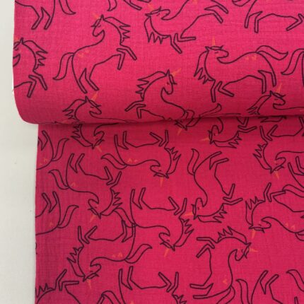 Medvilninis double gauze muslinas Rožiniai vienaragiai