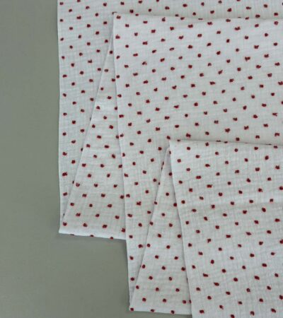 Medvilninis double gauze muslinas Baltas su raudonais taškiukais