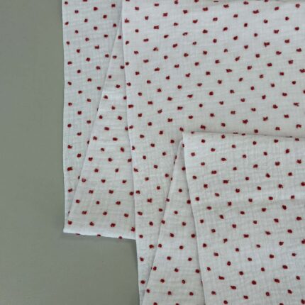 Medvilninis double gauze muslinas Baltas su raudonais taškiukais