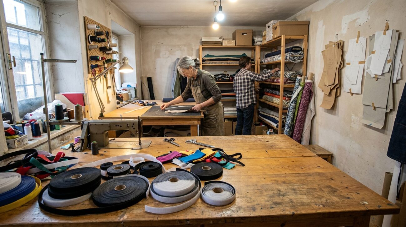 velcro līplentes ruļļi uz šūšanas darbnīcas galda ar audumu atgriezumiem